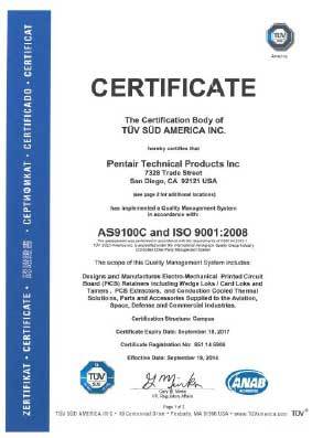 PENTAIR圣地亞哥PCB鎖緊條工廠獲得AS9100 航空航天質量體系認證